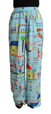 Dolce & Gabbana Light Blue Drawing Mid Waist Wide Leg Pants -   -  Dolce & Gabbana.